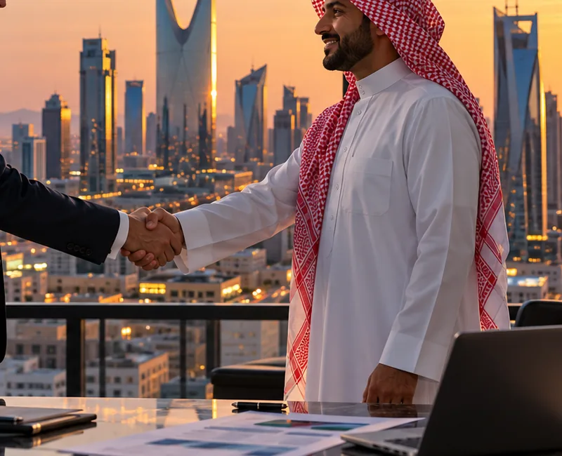 A European executive and a Saudi partner shaking hands