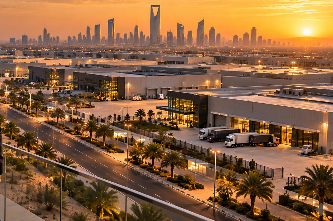 An industrial and logistics zone outside Riyadh at sunset
