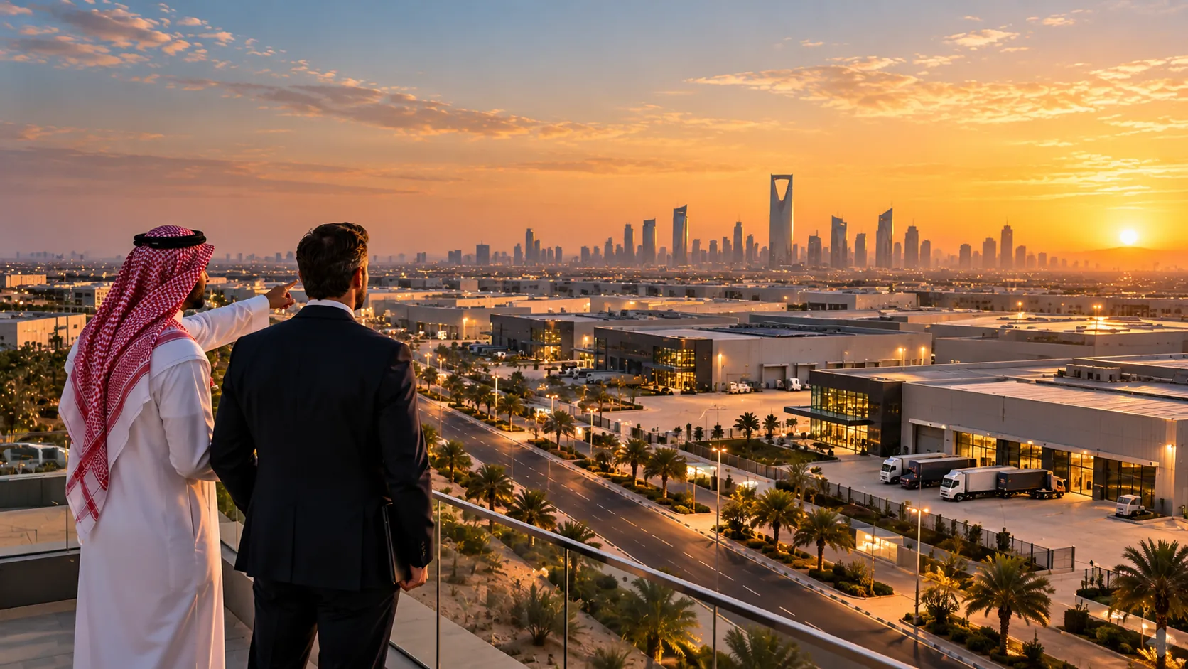 A Saudi partner and a European executive overlooking an industrial zone at sunset