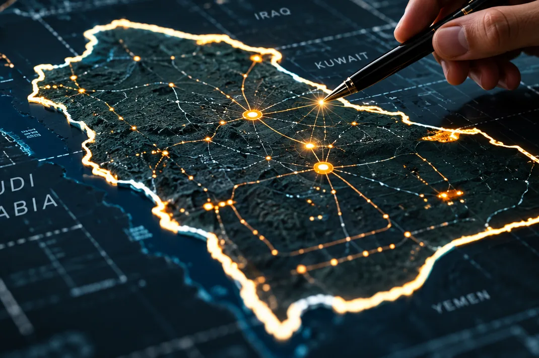 A hand marking routes across an illuminated map of Saudi Arabia
