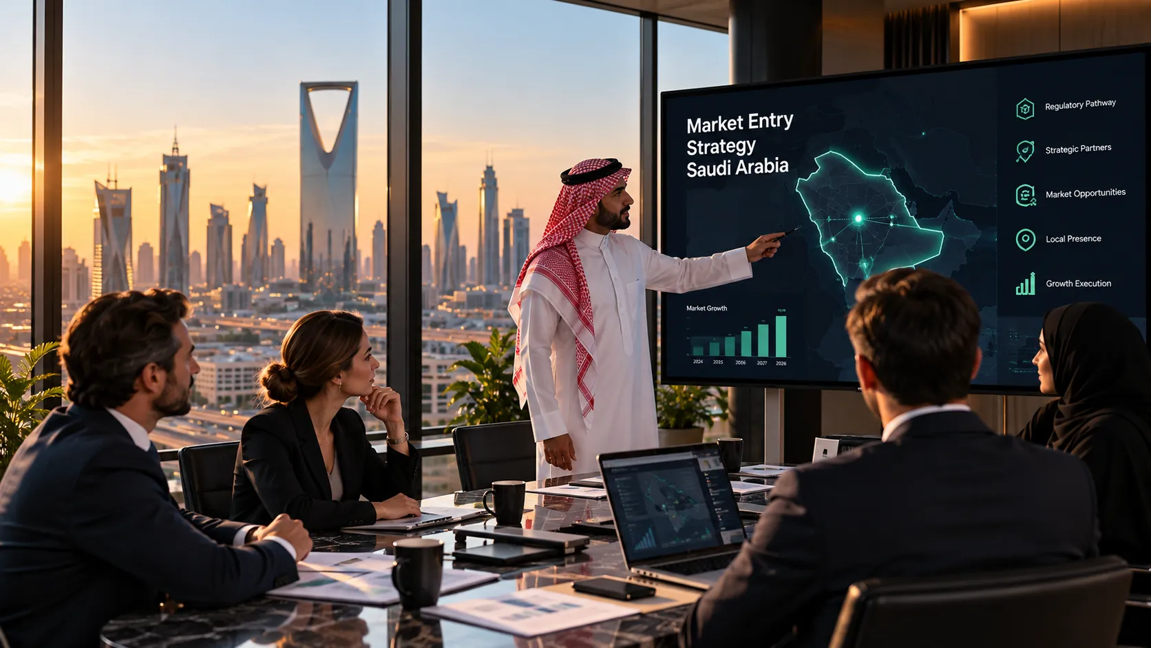 A Saudi consultant presenting a market entry strategy to a European team in Riyadh