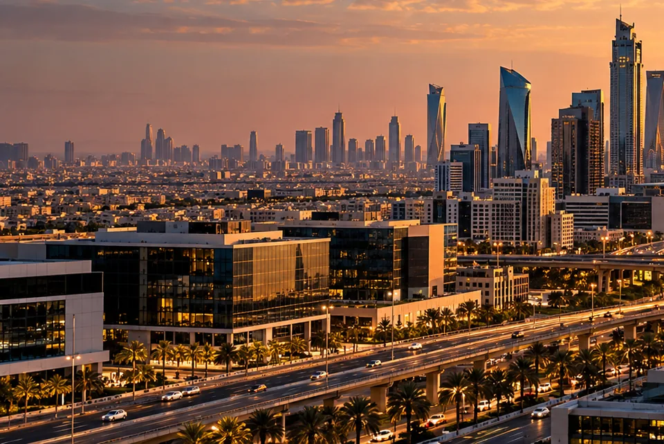 Riyadh office buildings and a highway interchange at sunset