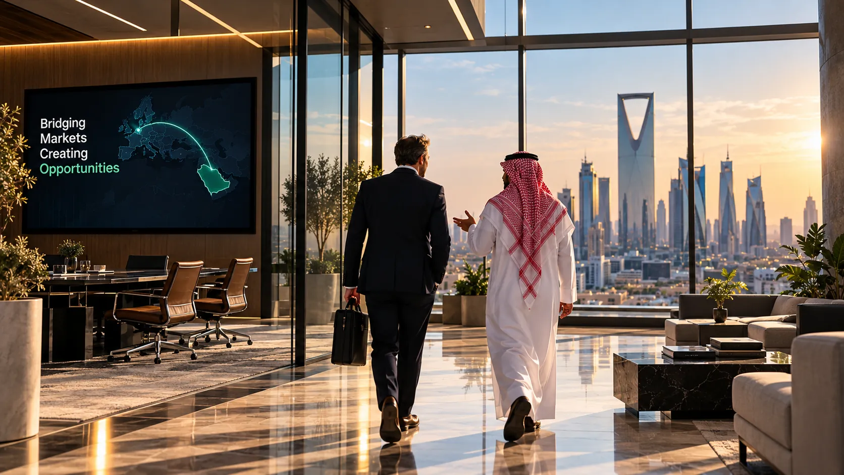 Two executives walking through a Riyadh office overlooking the financial district
