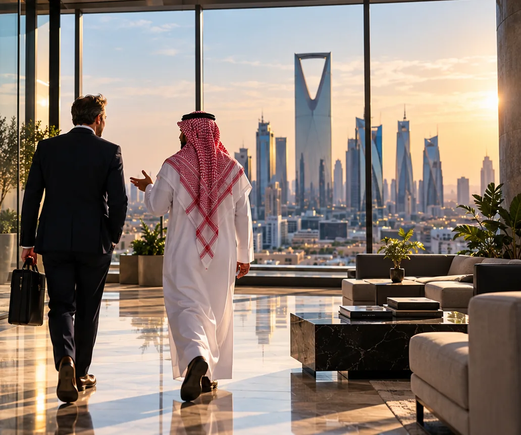 A European executive and a Saudi partner walking toward a window over the Riyadh skyline
