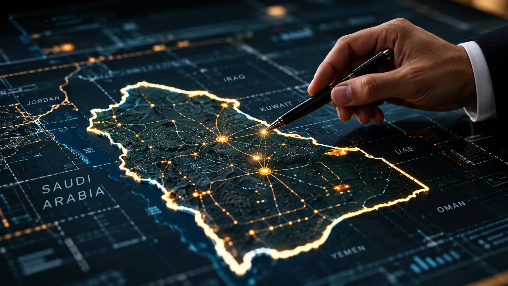 A hand marking routes across an illuminated map of Saudi Arabia