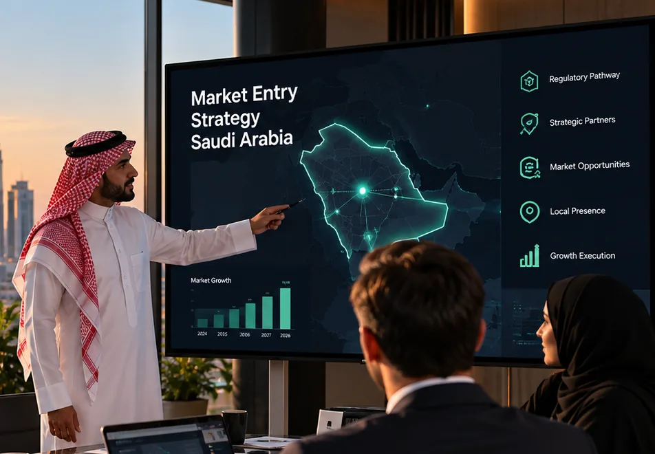 A Saudi consultant pointing at a market entry strategy map of Saudi Arabia